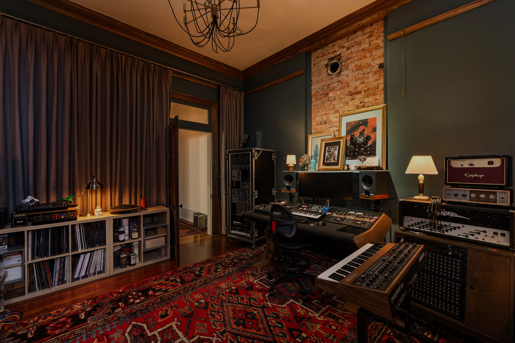 Drums and recording equipment in a recording studio