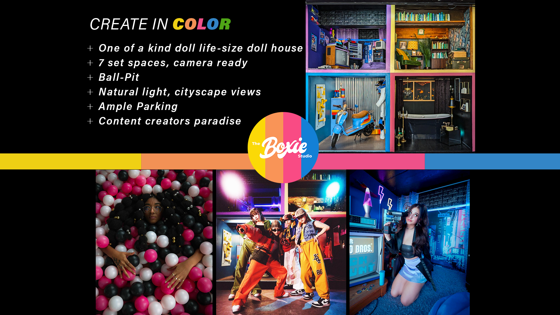 Bright Multi-Set Studio + Customizable Events Venue - Life Sized Dollhouse, Ball Pit, White Backdrop + 15 Seamless Color Options | E-Commerce & Creator Haven