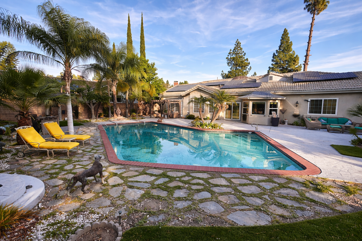 Resort-Style Mediterranean Backyard with Pool, Tiki Bar & Lush Landscaping